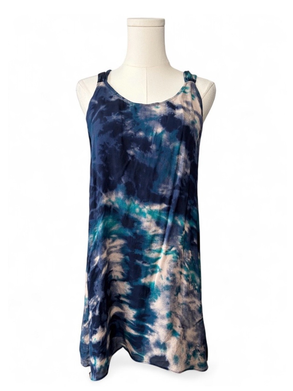 Parker 100% Silk Blue Tie Dye Mini Dress Mermaid Boho Luxe Resortwear